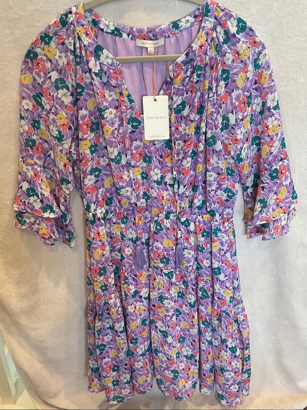 Skies Are Blue Lavender Floral Tiered Midi Dress with Green and Yellow Blooms